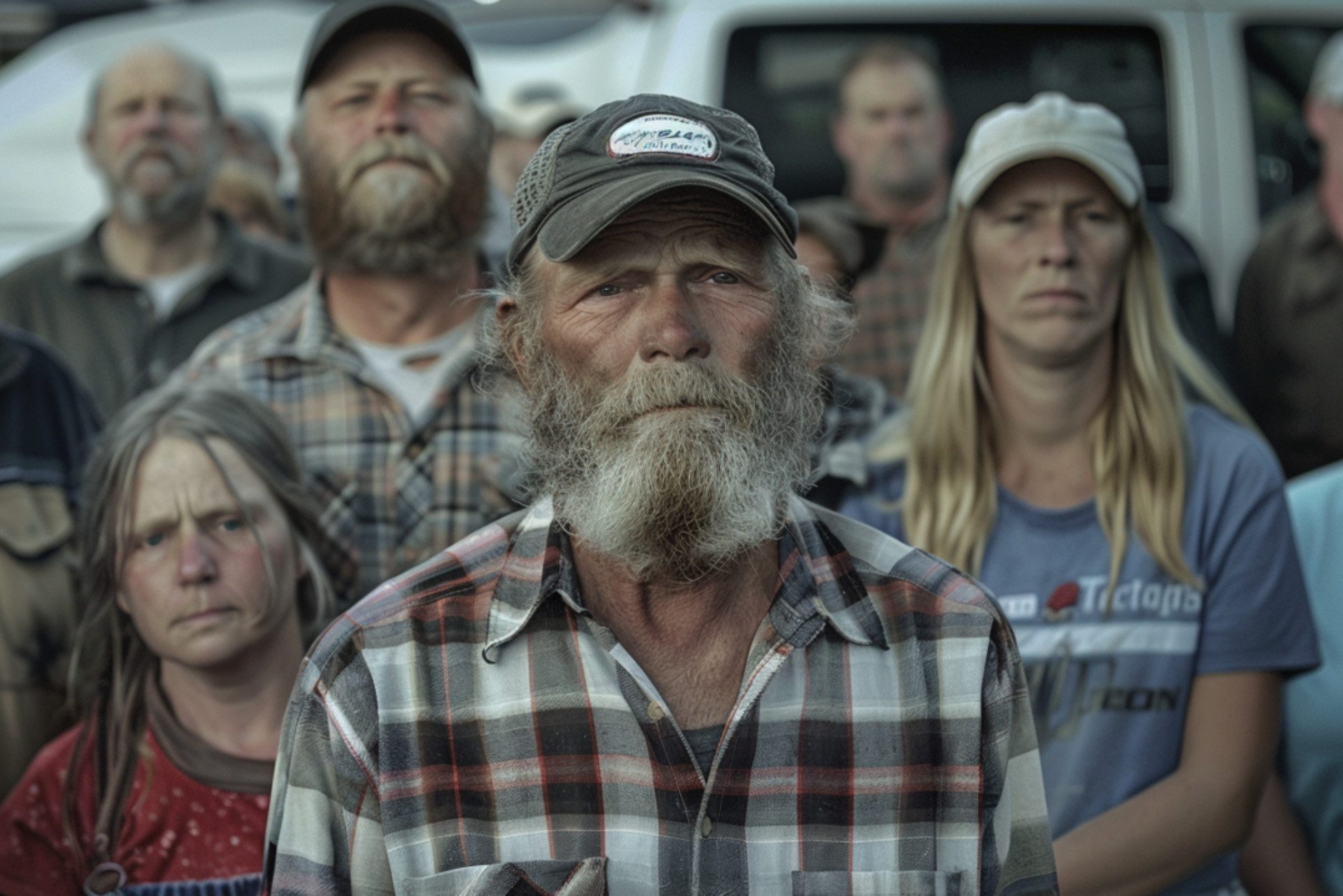 Un gruppo di uomini e donne guarda fisso in camera. Indossano cappellini e camice a scacchi.
