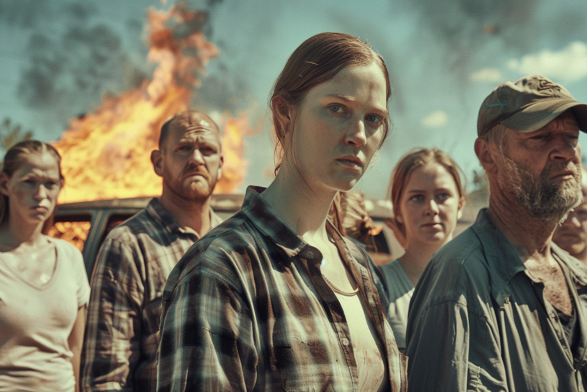 Un gruppo di uomini e donne guarda fisso in camera, dietro di loro grandi incendi.